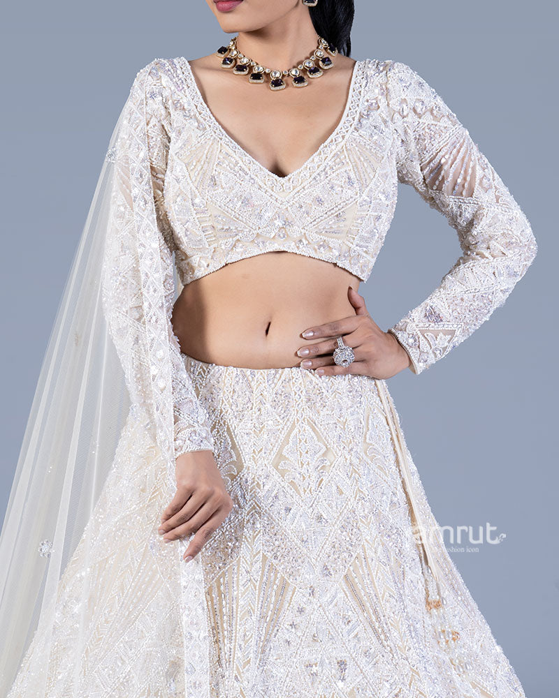 Ivory Sequin Embroidered Lehenga with V-Neck Choli and Dupatta 03