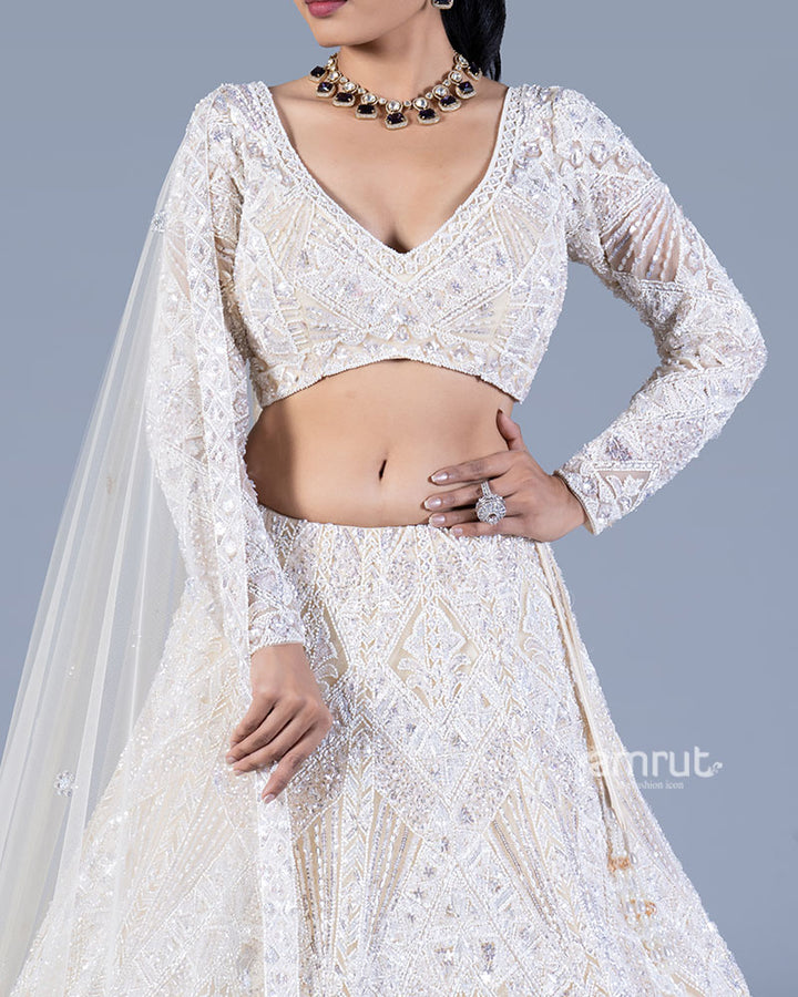 Ivory Sequin Embroidered Lehenga with V-Neck Choli and Dupatta 03