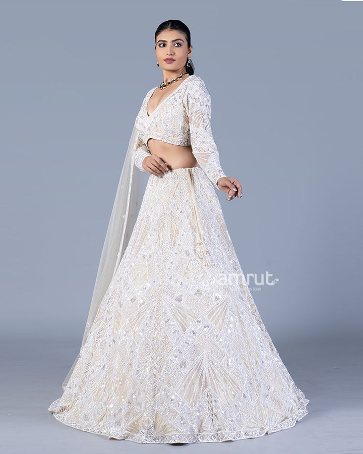 Ivory Sequin Embroidered Lehenga with V-Neck Choli and Dupatta 04