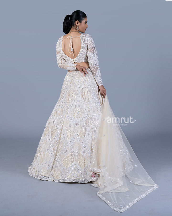 Ivory Sequin Embroidered Lehenga with V-Neck Choli and Dupatta 05