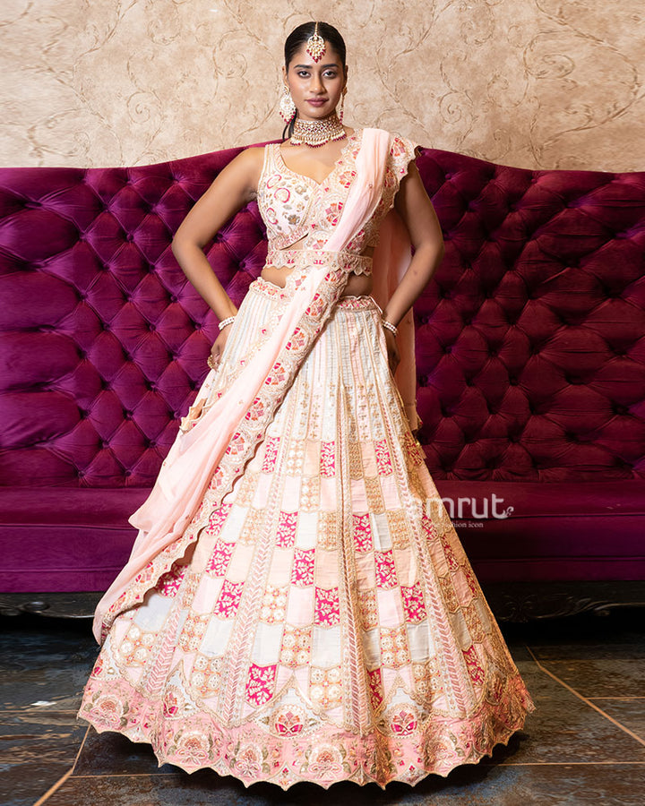 Ivory and Blush Pink Embroidered Patchwork Lehenga Set 01