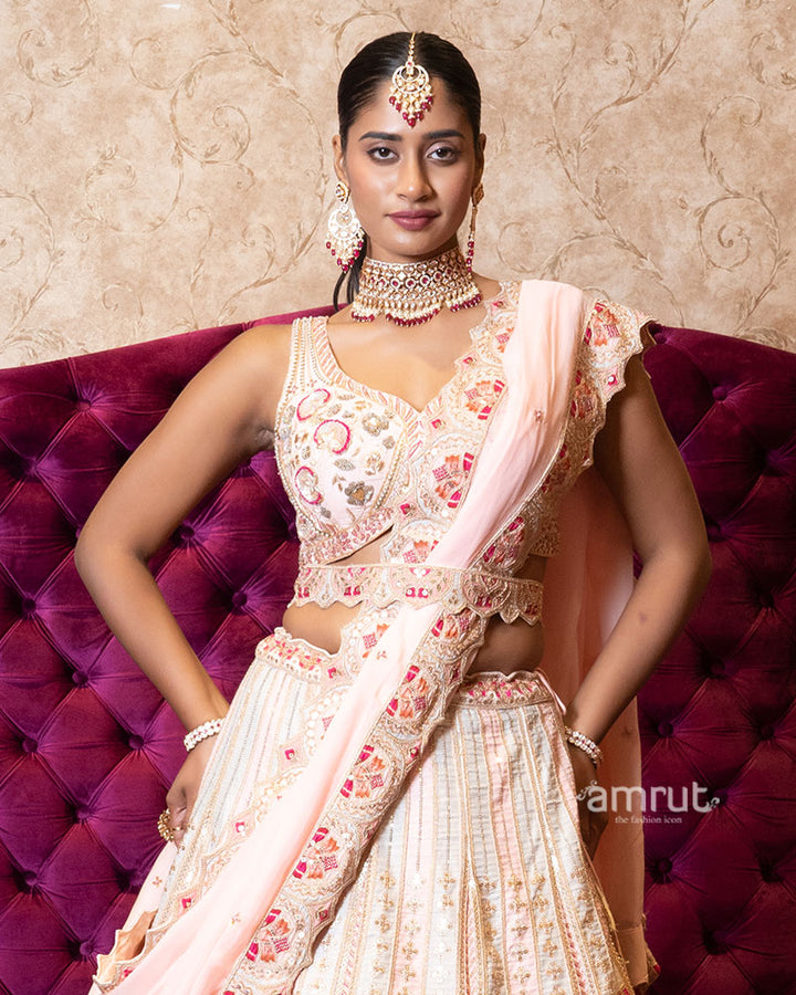 Ivory and Blush Pink Embroidered Patchwork Lehenga Set 02