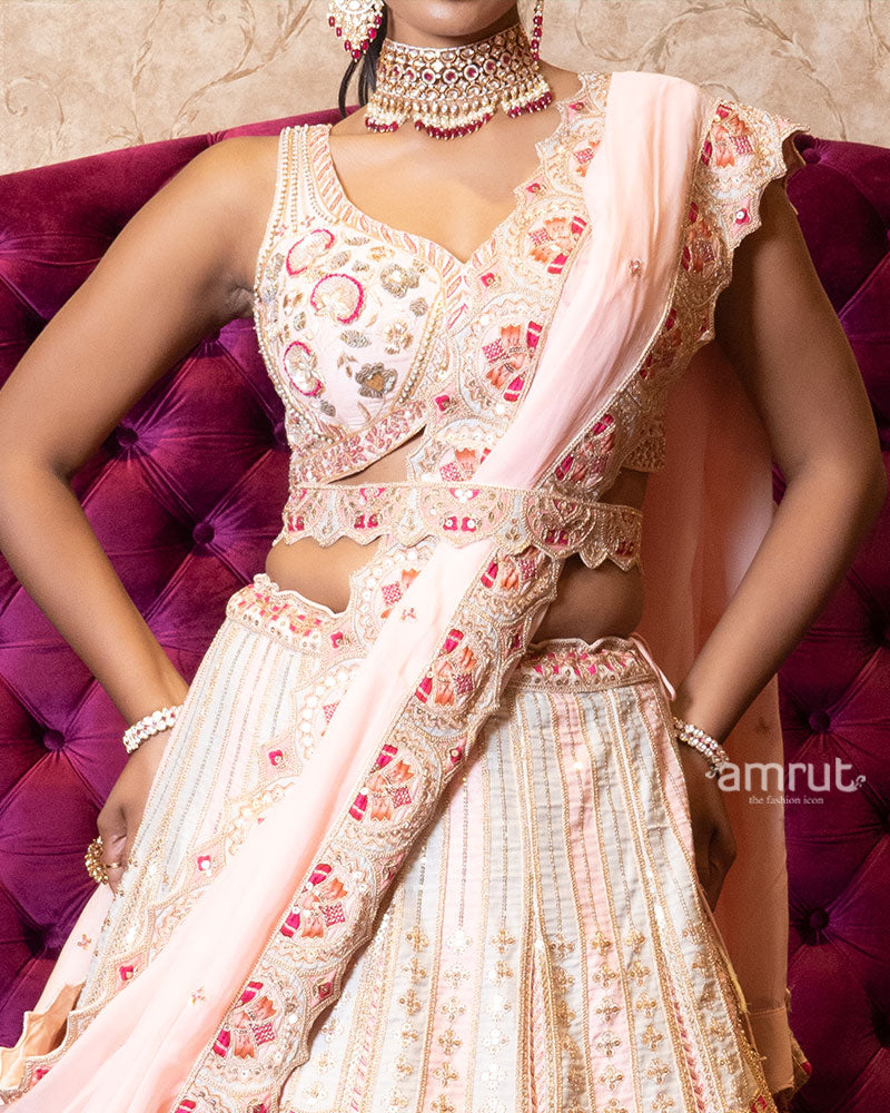 Ivory and Blush Pink Embroidered Patchwork Lehenga Set 03
