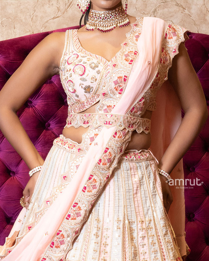 Ivory and Blush Pink Embroidered Patchwork Lehenga Set 03