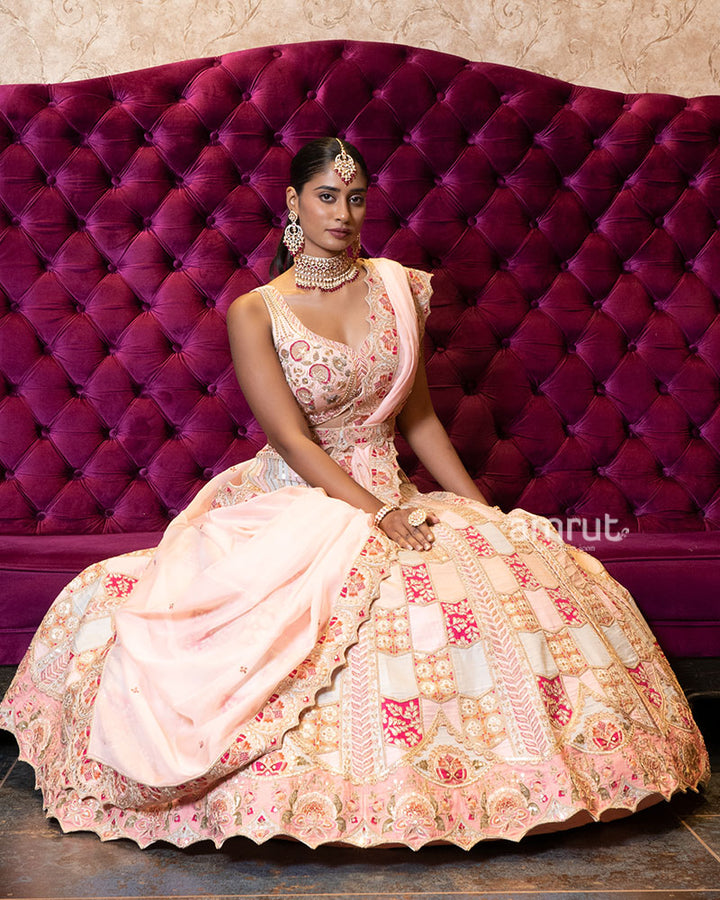 Ivory and Blush Pink Embroidered Patchwork Lehenga Set 04