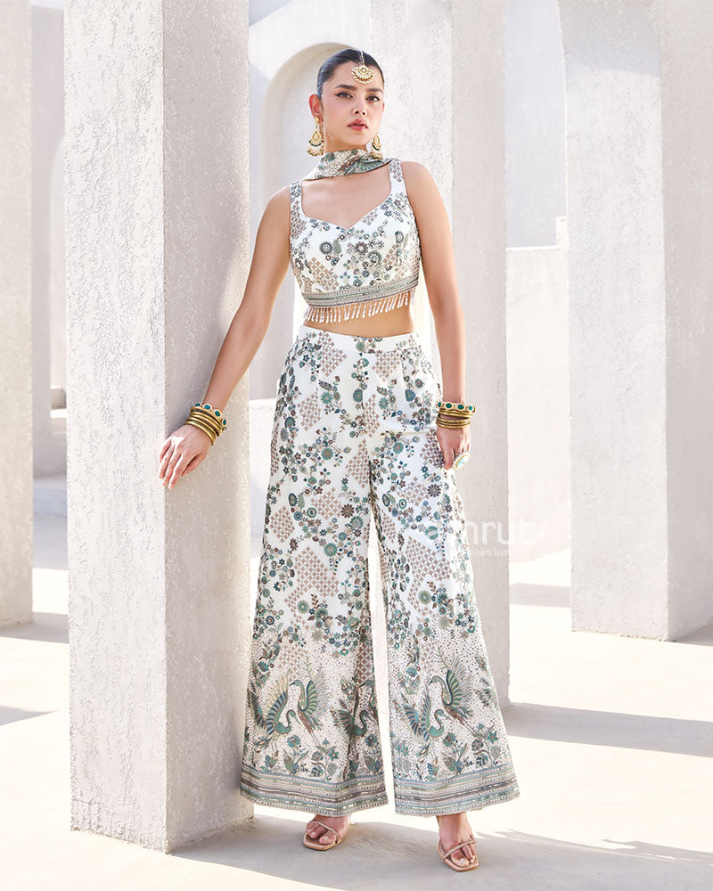 Ivory and Teal Printed Sleeveless Co-ord Set  01