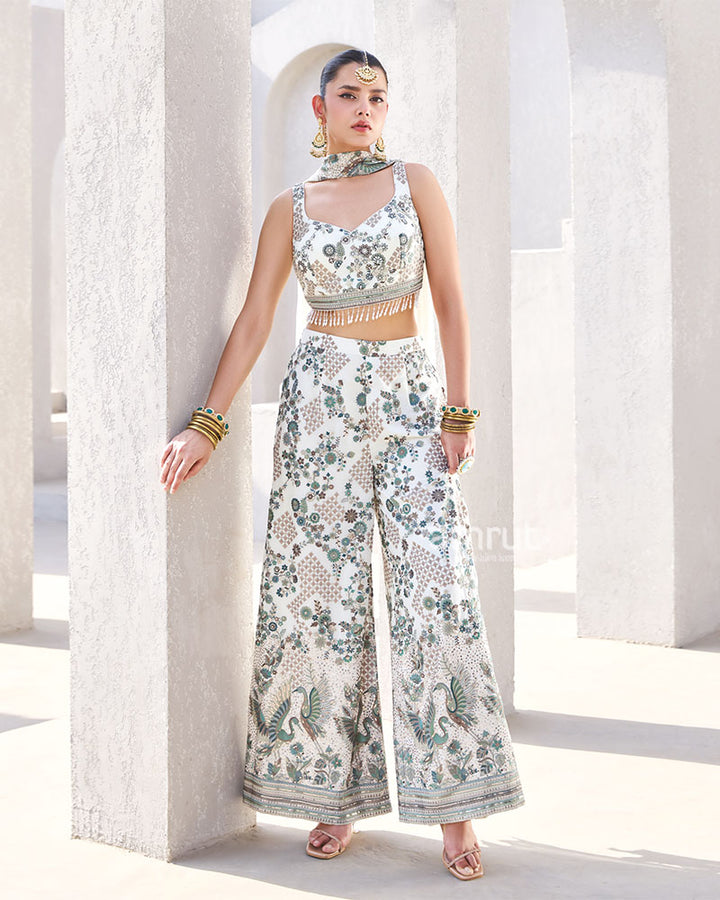 Ivory and Teal Printed Sleeveless Co-ord Set  01