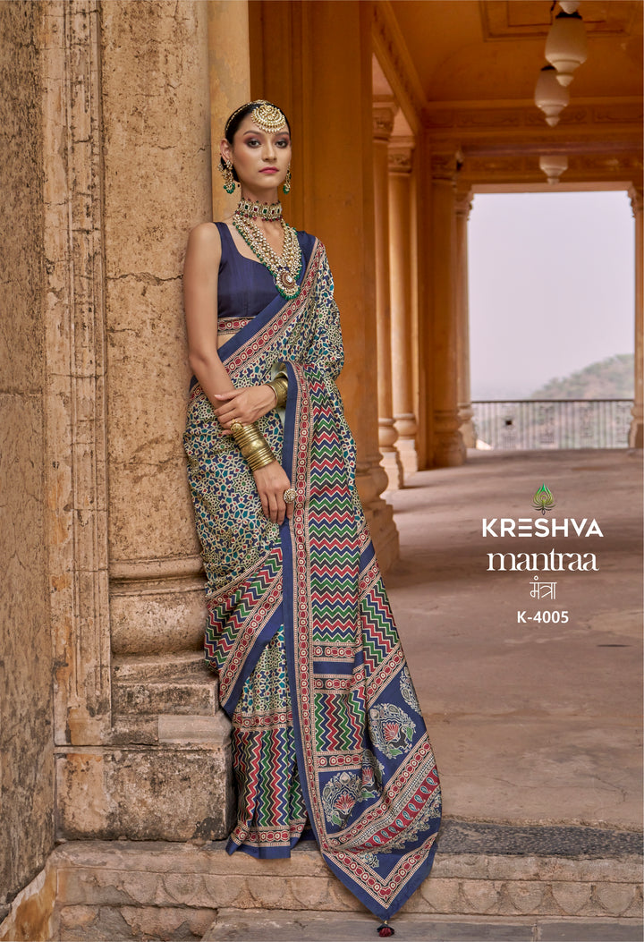 Royal Blue Ajrakh Printed Saree with Traditional Handcrafted Motifs