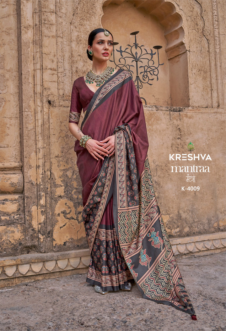 Wine Purple Ajrakh Printed Saree with Heritage Handcrafted Pallu