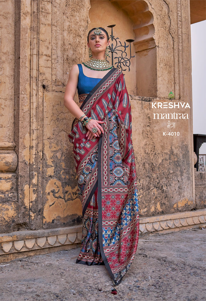 Maroon & Indigo Ajrakh Printed Saree with Traditional Heritage Motifs