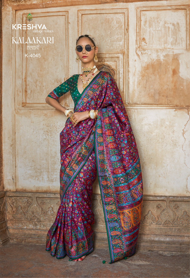 Wine Purple Kalamkari Pashmina Inspired Designer Saree with Teal Heritage Border
