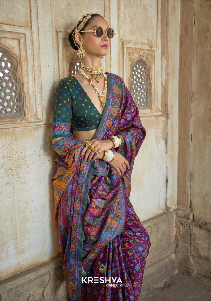 Wine Purple Kalamkari Pashmina Inspired Designer Saree with Teal Heritage Border