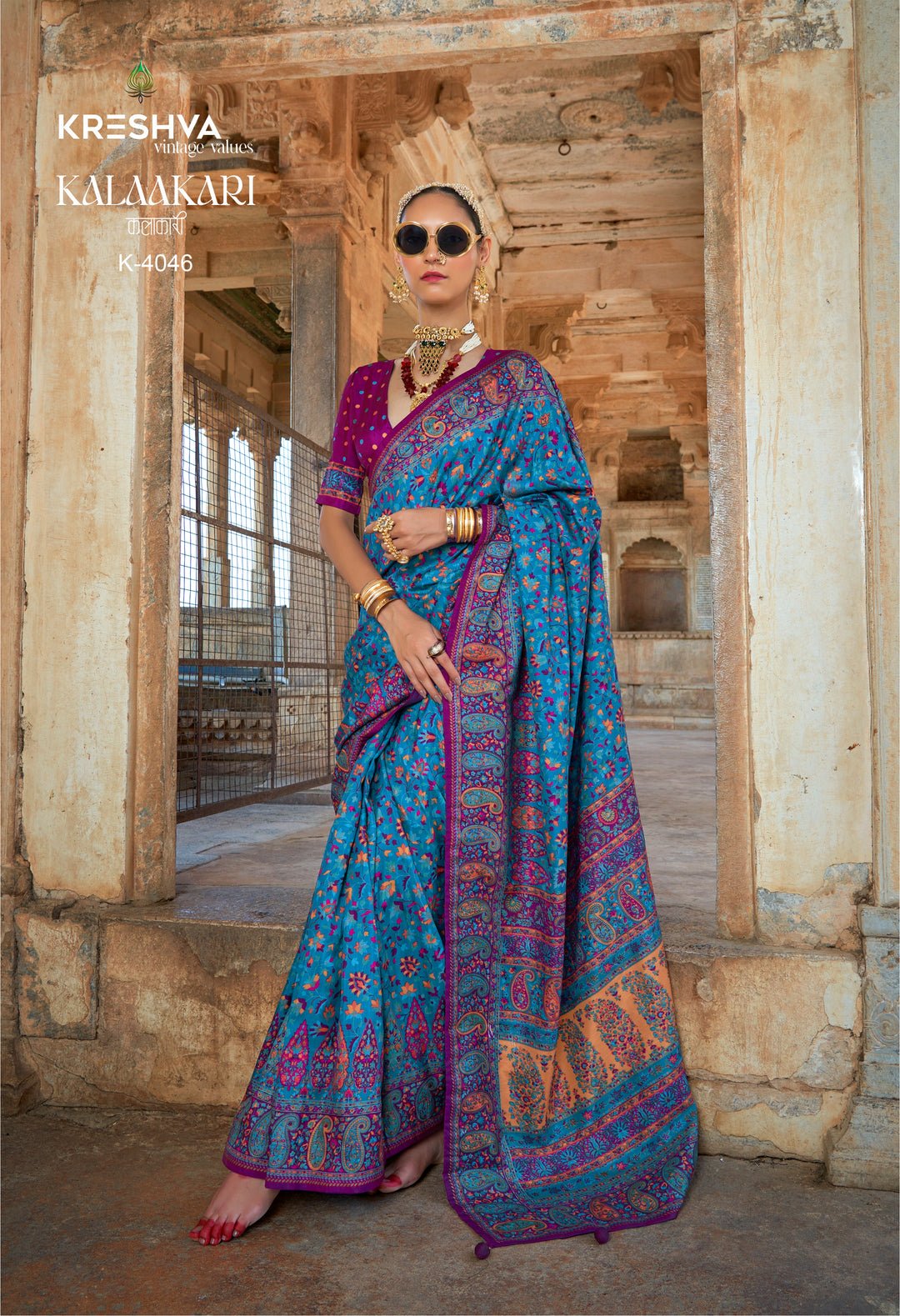 Teal Blue Kalamkari Pashmina Inspired Designer Saree with Magenta Heritage Border