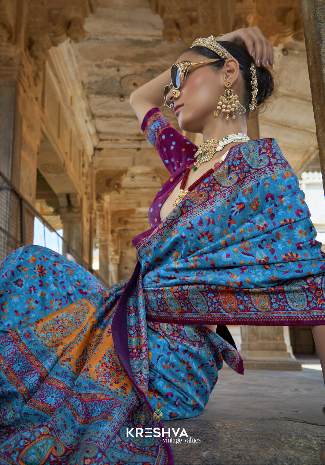 Teal Blue Kalamkari Pashmina Inspired Designer Saree with Magenta Heritage Border
