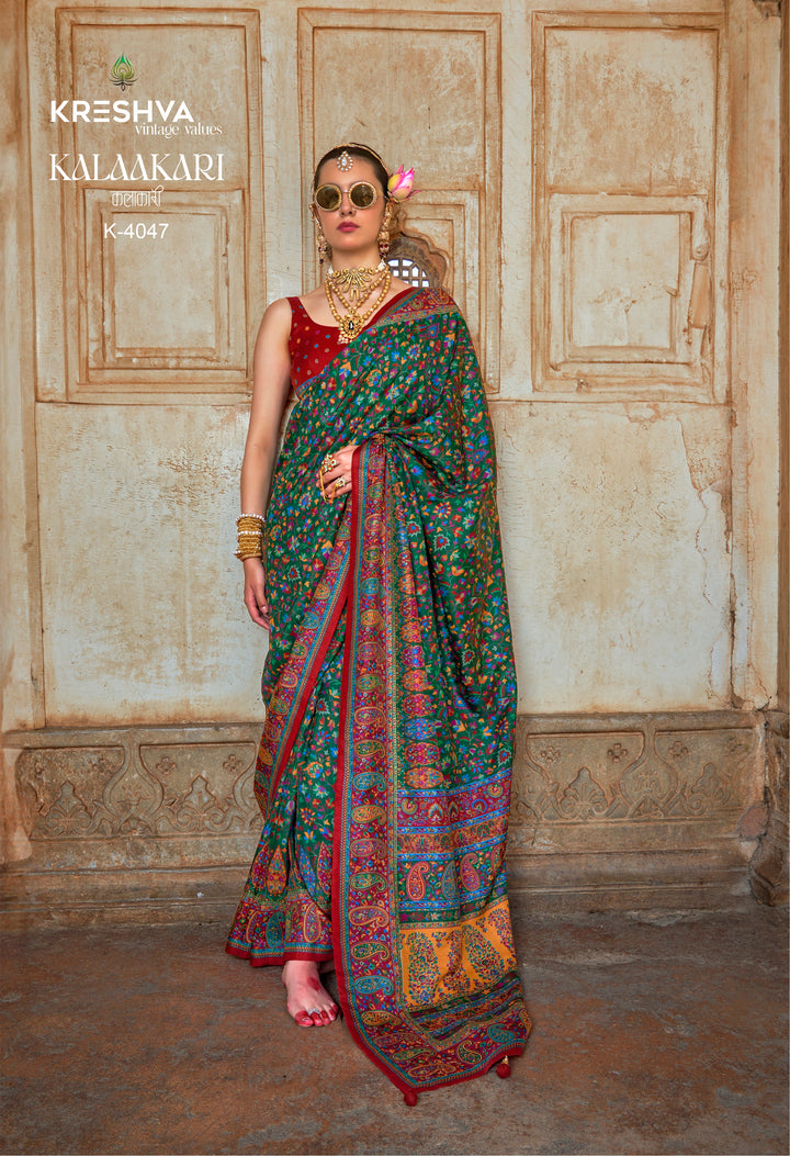 Green Pashmina Prints Inspired Designer Saree with Red Heritage Border