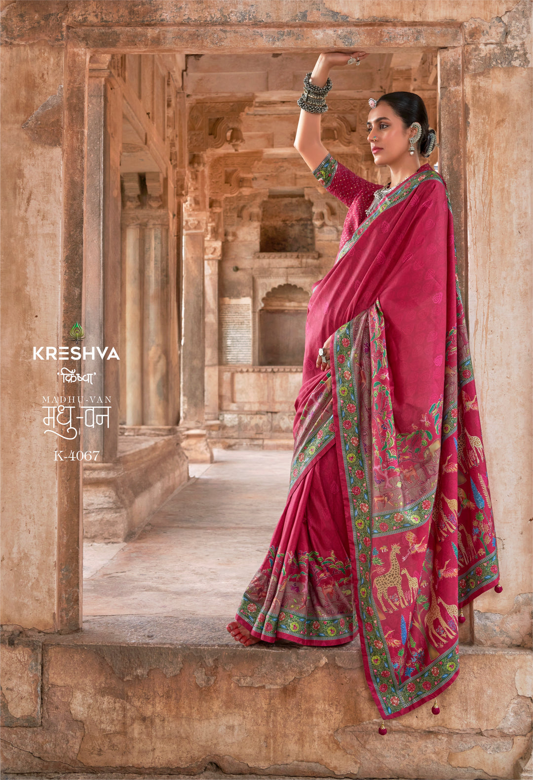 Rani Pink Pashmina Inspired Designer Saree with Heritage Animal Border