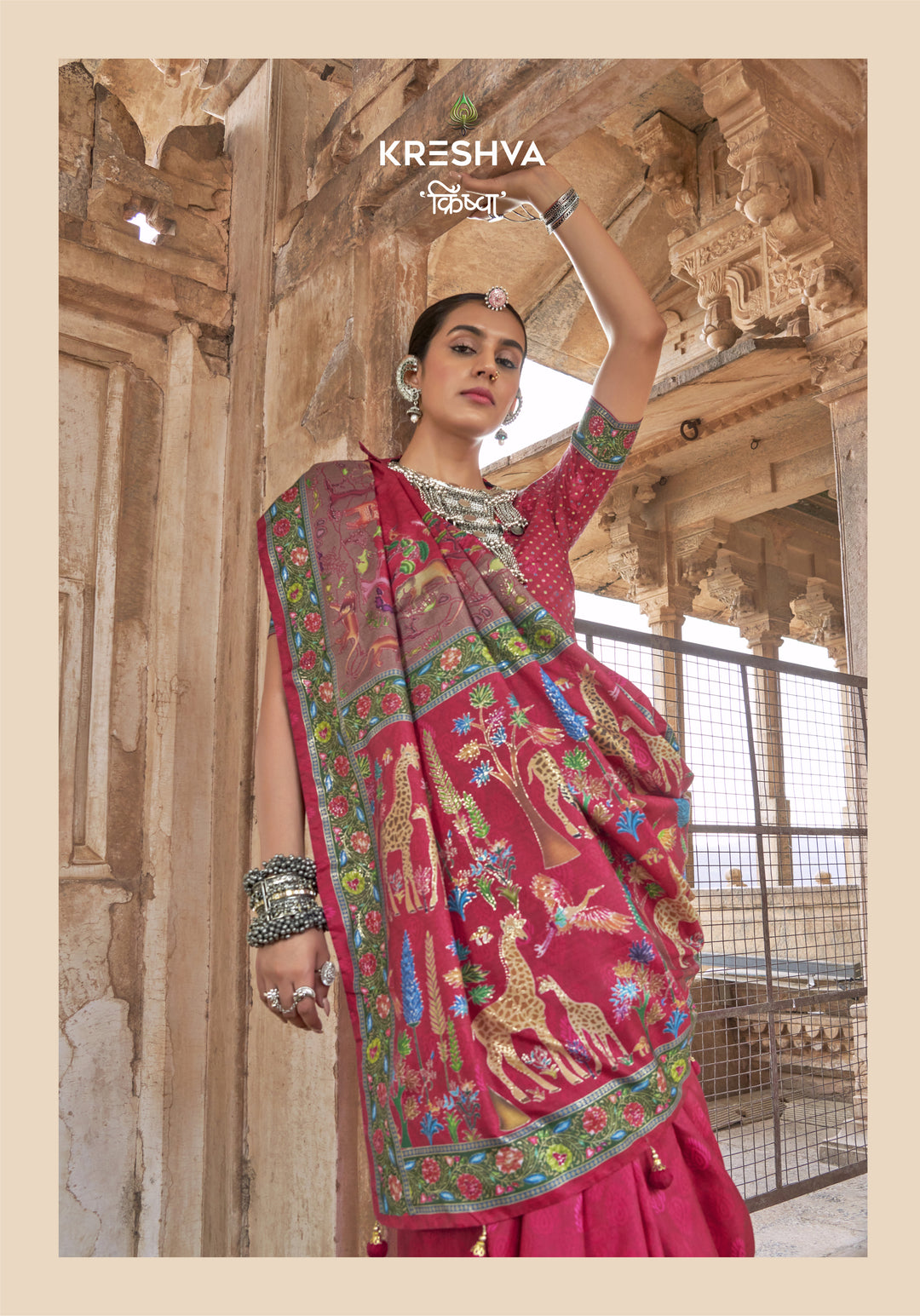 Rani Pink Pashmina Inspired Designer Saree with Heritage Animal Border