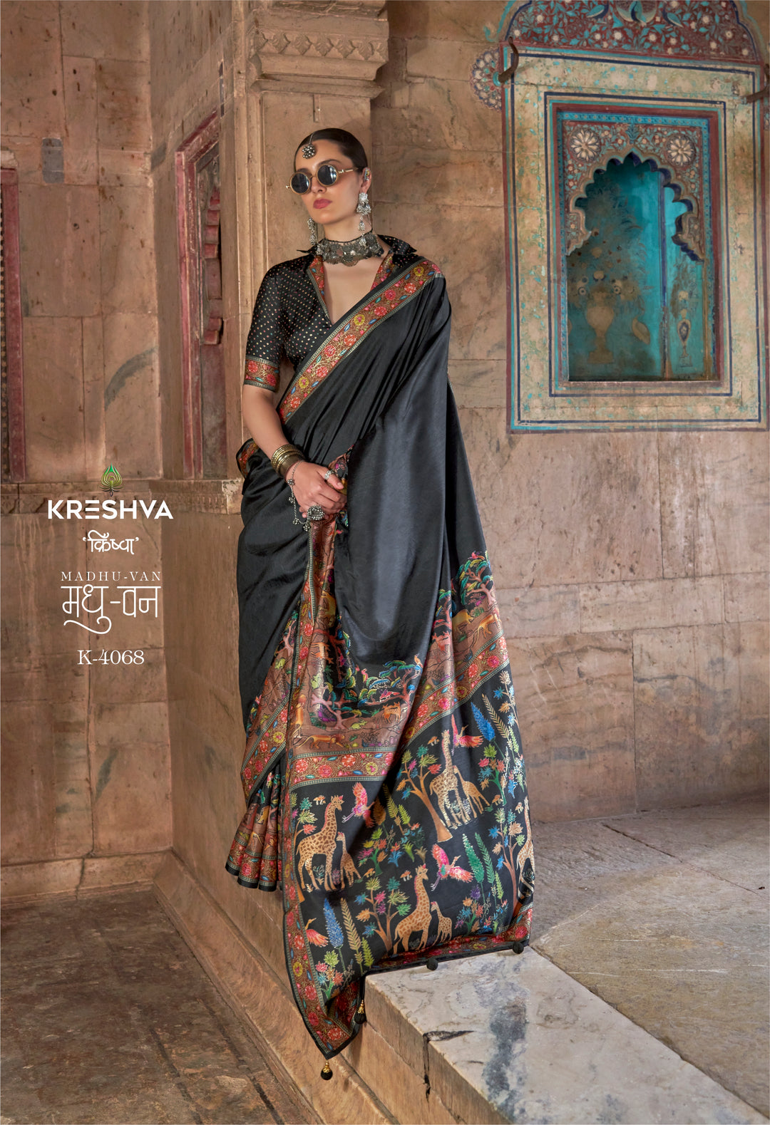 Charcoal Black Pashmina Inspired Designer Saree with Heritage Animal Border