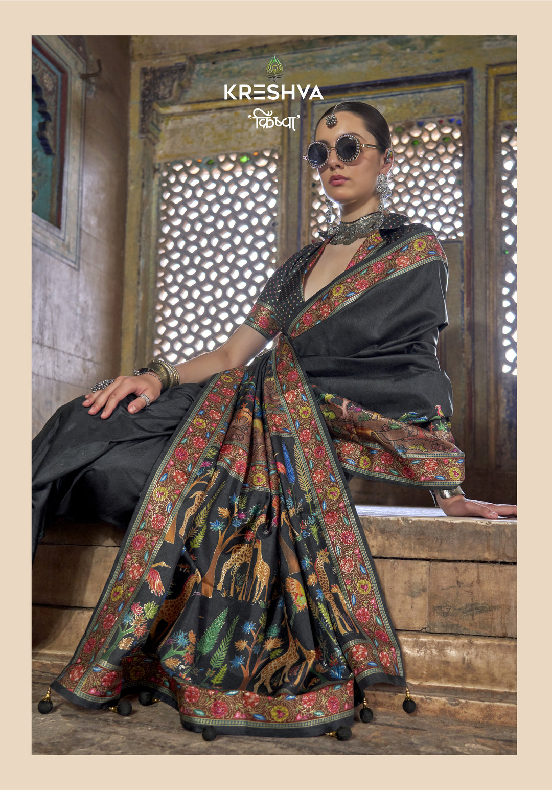 Charcoal Black Pashmina Inspired Designer Saree with Heritage Animal Border