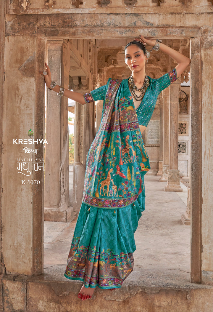 Teal Green Pashmina Inspired Designer Saree with Heritage Animal Border