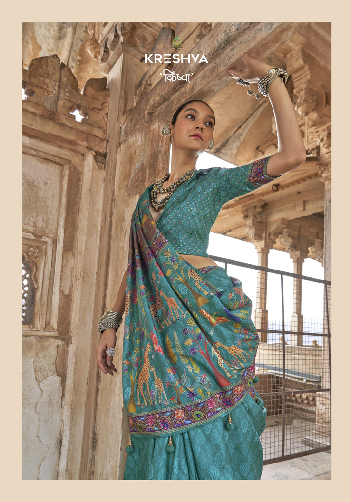 Teal Green Pashmina Inspired Designer Saree with Heritage Animal Border