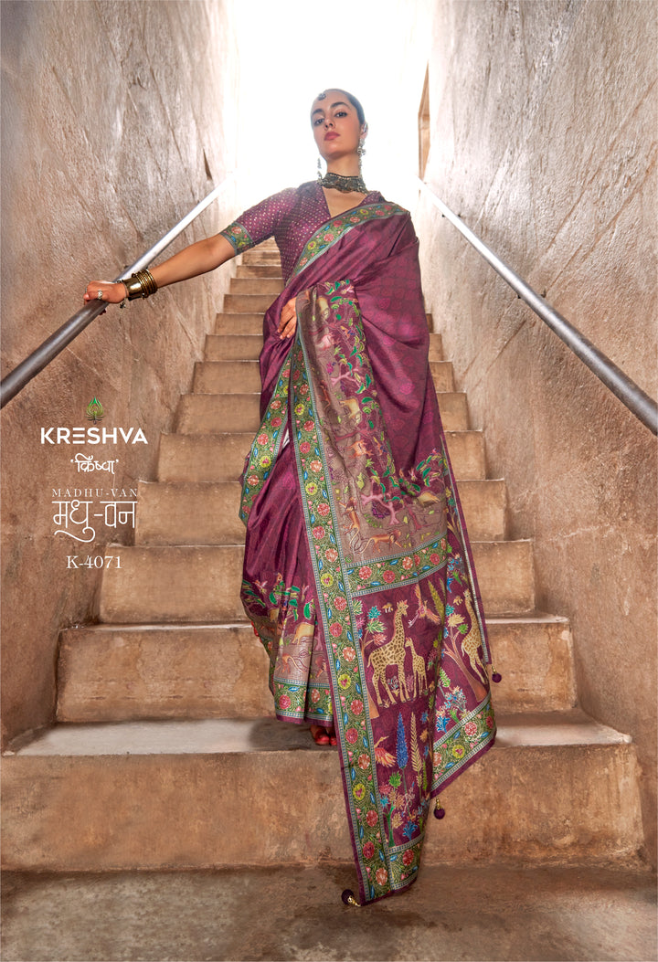 Wine Purple Pashmina Inspired Designer Saree with Heritage Animal Border
