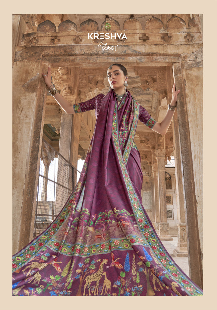Wine Purple Pashmina Inspired Designer Saree with Heritage Animal Border