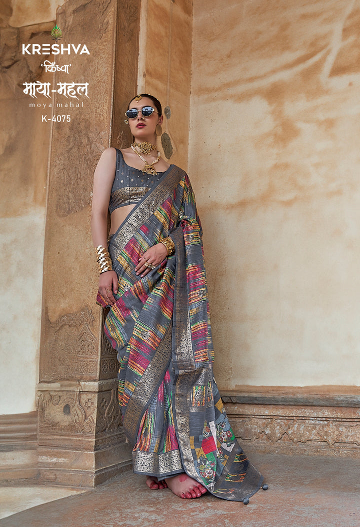 Steel Grey Designer Silk Saree with Multicolour Abstract Weave
