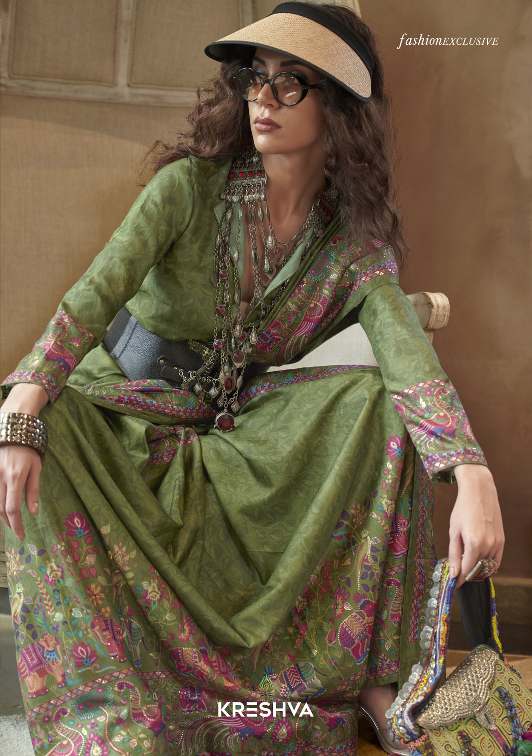 Olive Green Pashmina Prints Inspired Designer Saree with Folk Motifs