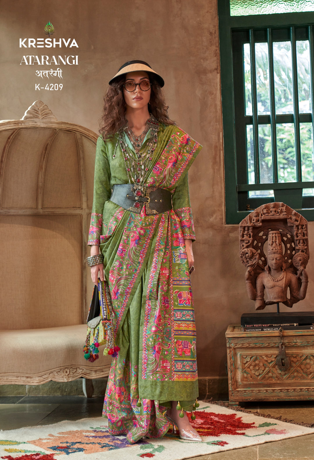 Olive Green Pashmina Prints Inspired Designer Saree with Folk Motifs