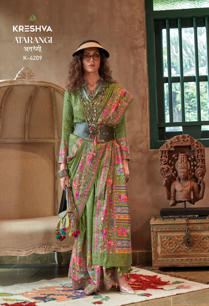 Olive Green Pashmina Prints Inspired Designer Saree with Folk Motifs