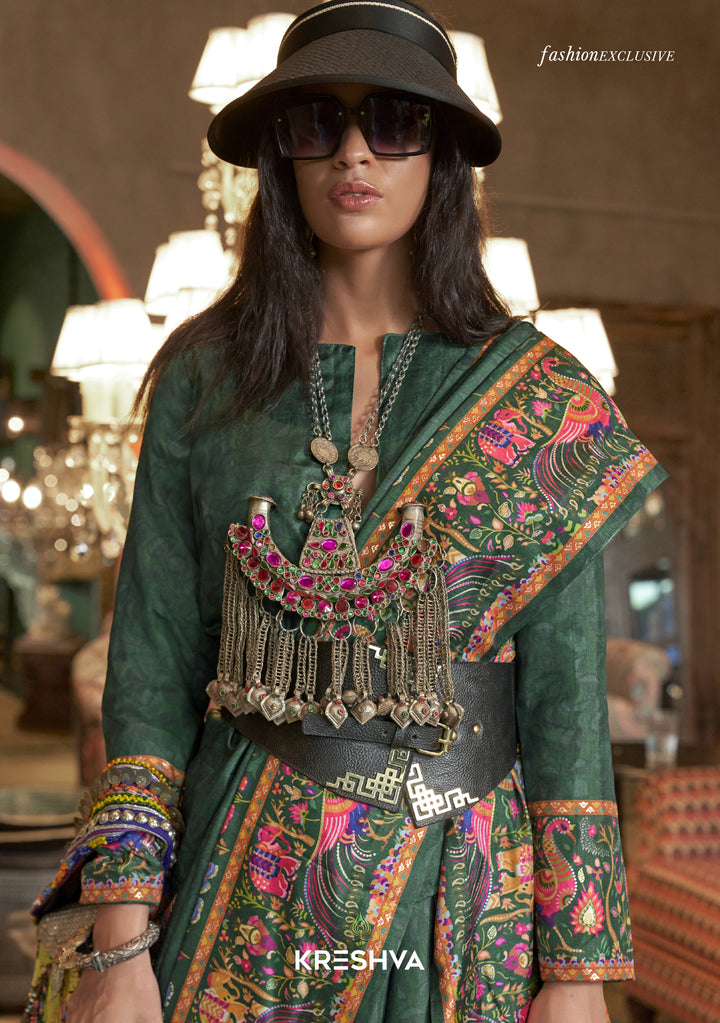 Emerald Green Pashmina Prints Inspired Designer Saree with Folk Motifs