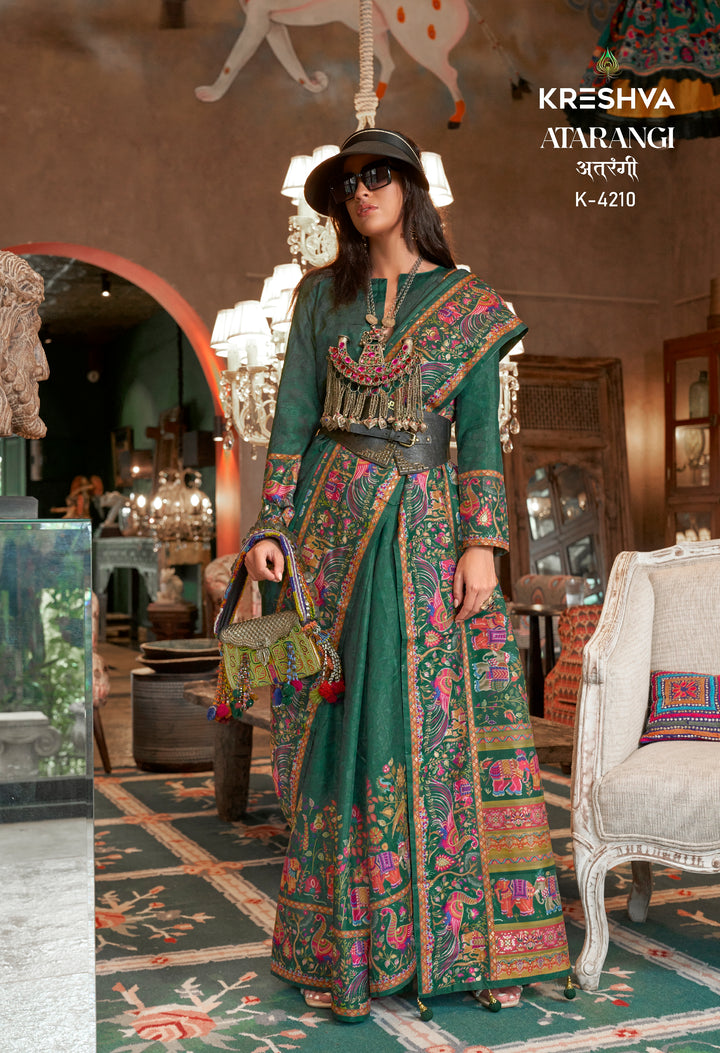 Emerald Green Pashmina Prints Inspired Designer Saree with Folk Motifs