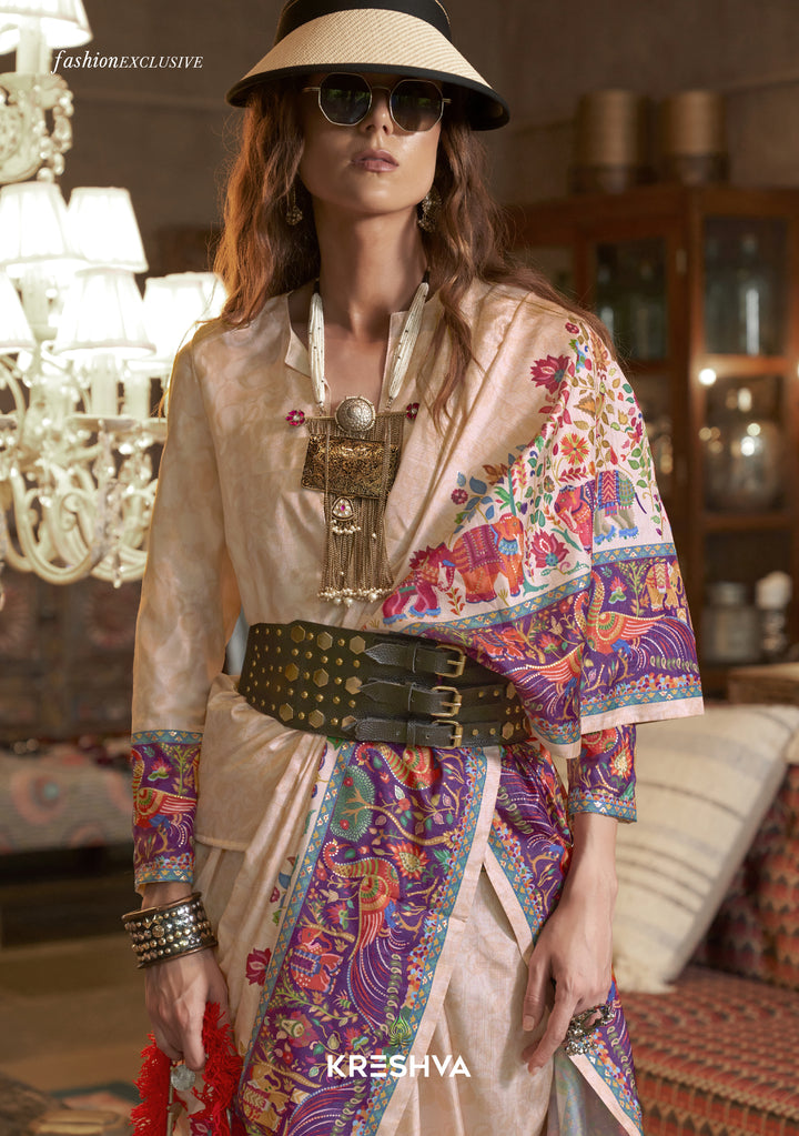 Ivory Pashmina Prints Inspired Designer Saree with Folk Motifs