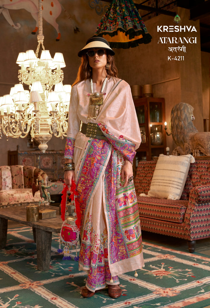 Ivory Pashmina Prints Inspired Designer Saree with Folk Motifs