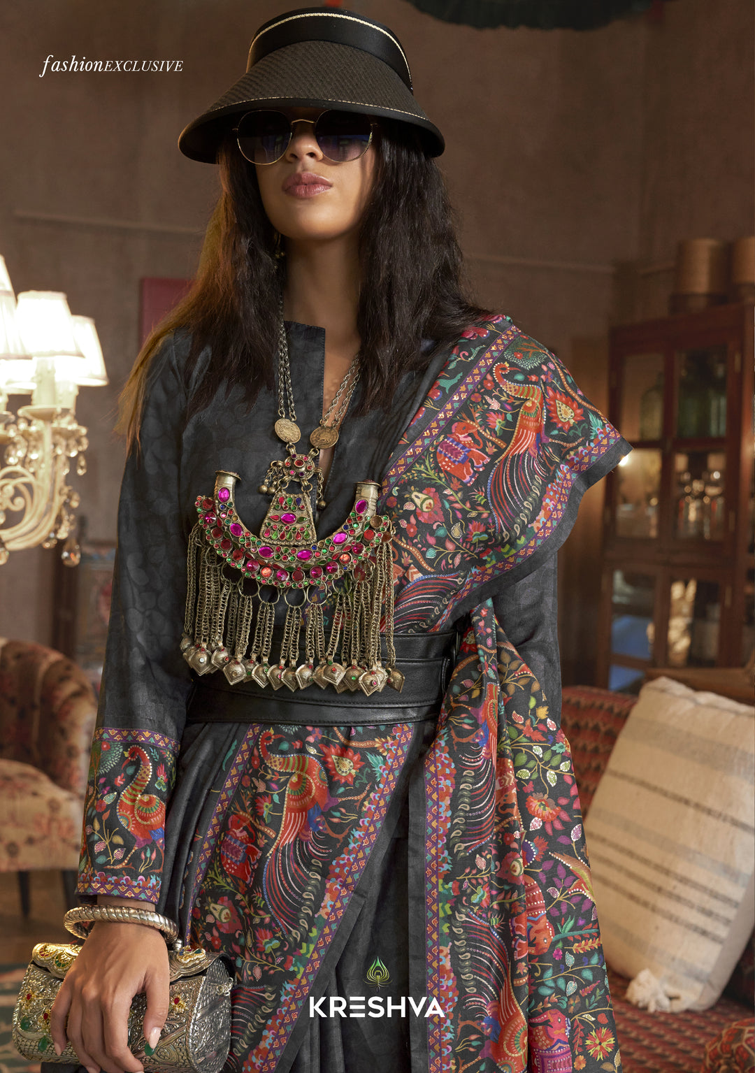 Charcoal Black Pashmina Prints Inspired Designer Saree with Folk Motifs
