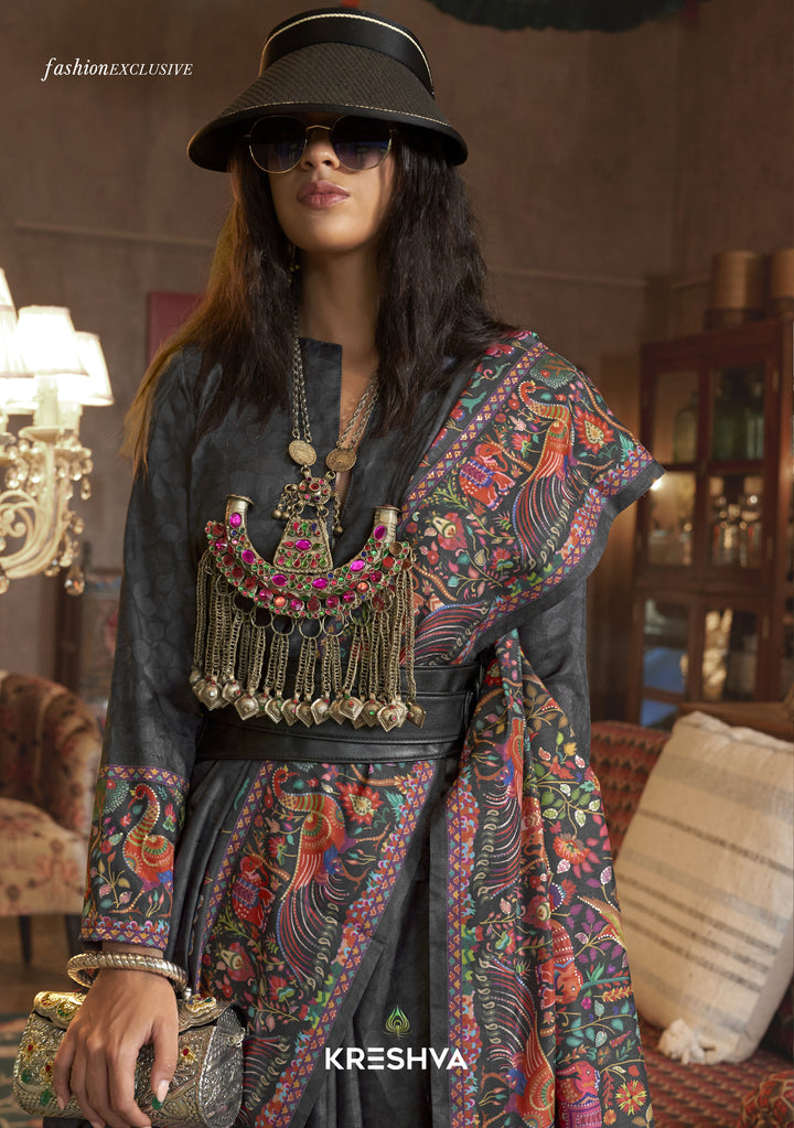 Charcoal Black Pashmina Prints Inspired Designer Saree with Folk Motifs