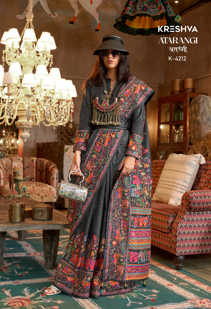 Charcoal Black Pashmina Prints Inspired Designer Saree with Folk Motifs