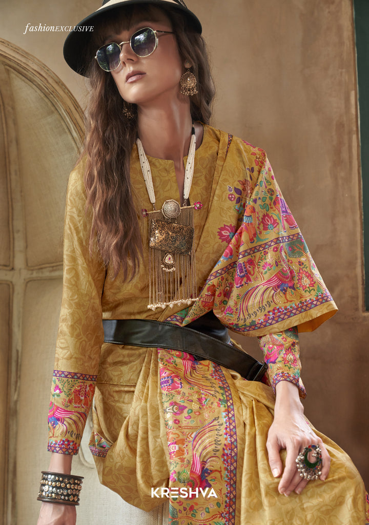 Mustard Yellow Pashmina Prints Inspired Designer Saree with Folk Motifs