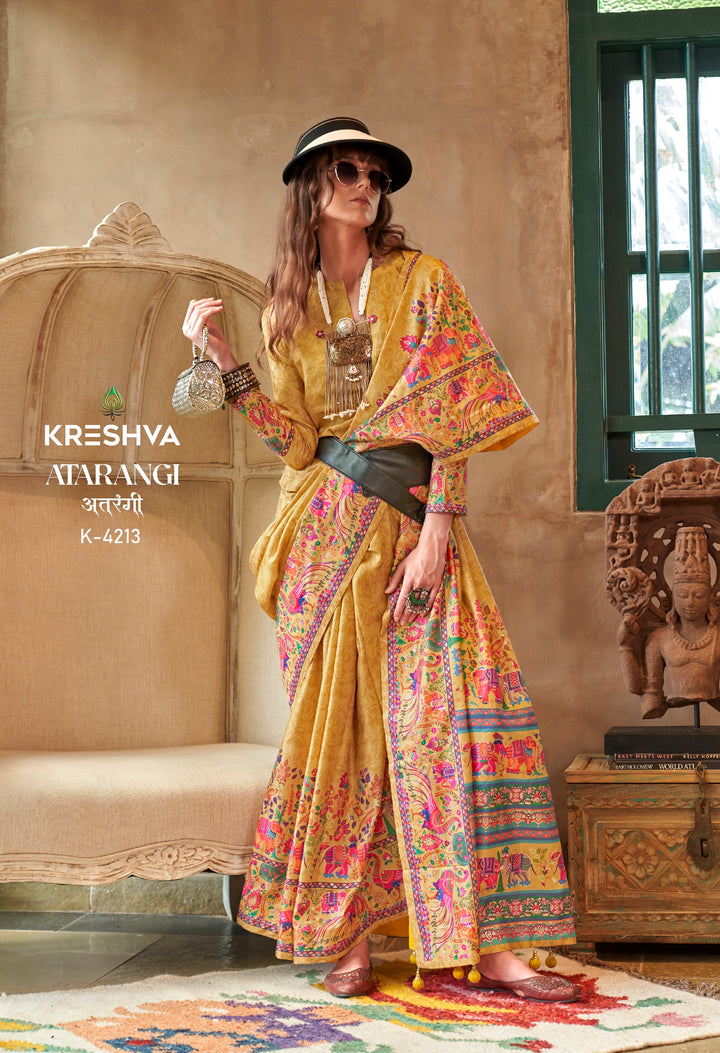 Mustard Yellow Pashmina Prints Inspired Designer Saree with Folk Motifs