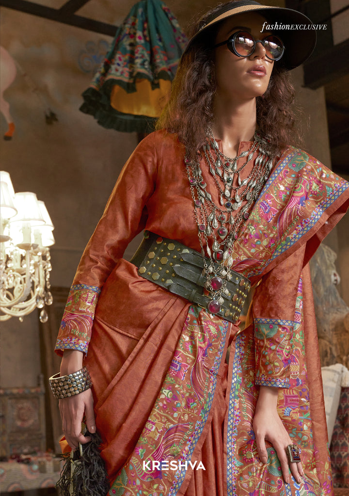 Rust Orange Pashmina Prints Inspired Designer Saree with Folk Motifs