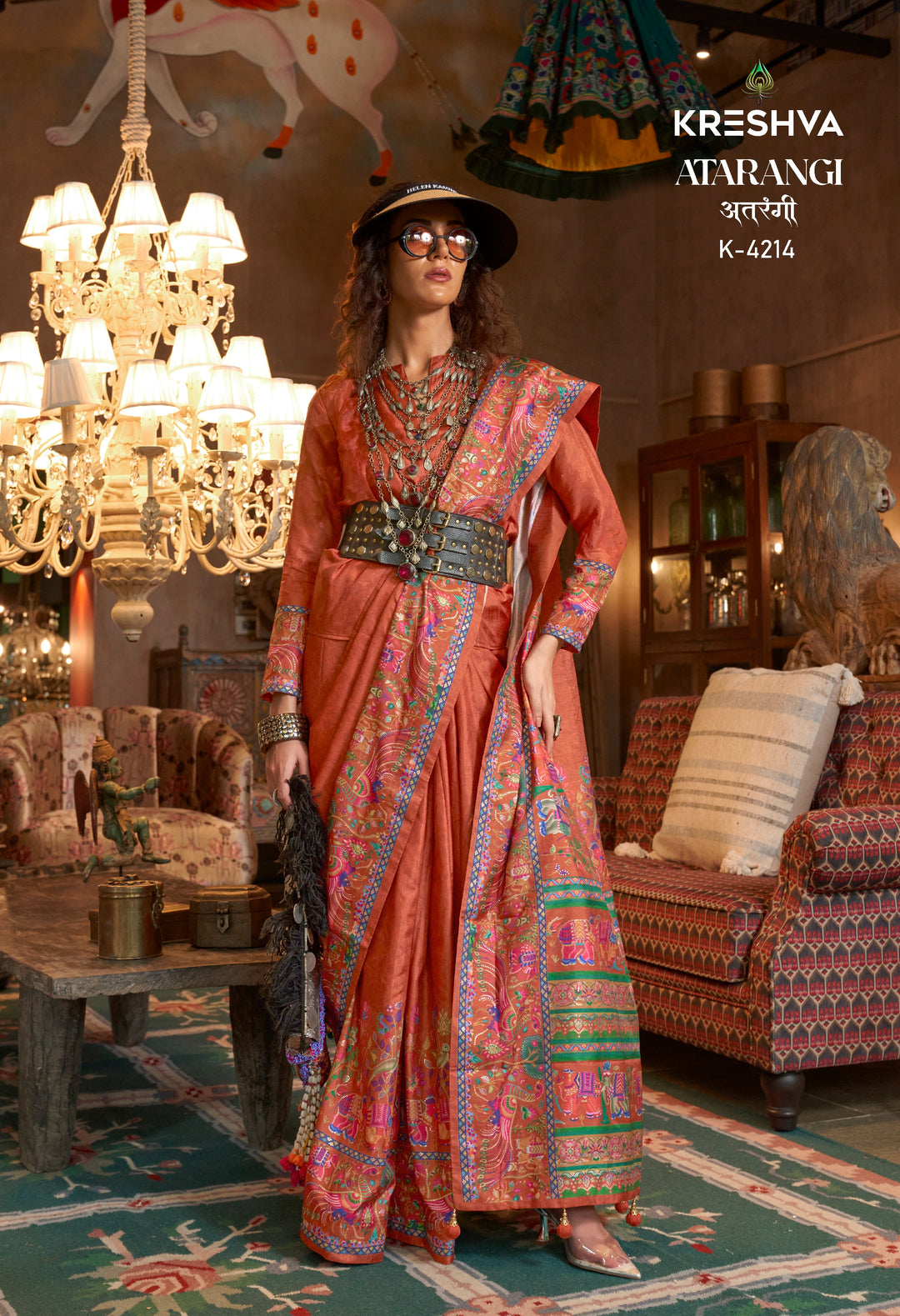 Rust Orange Pashmina Prints Inspired Designer Saree with Folk Motifs