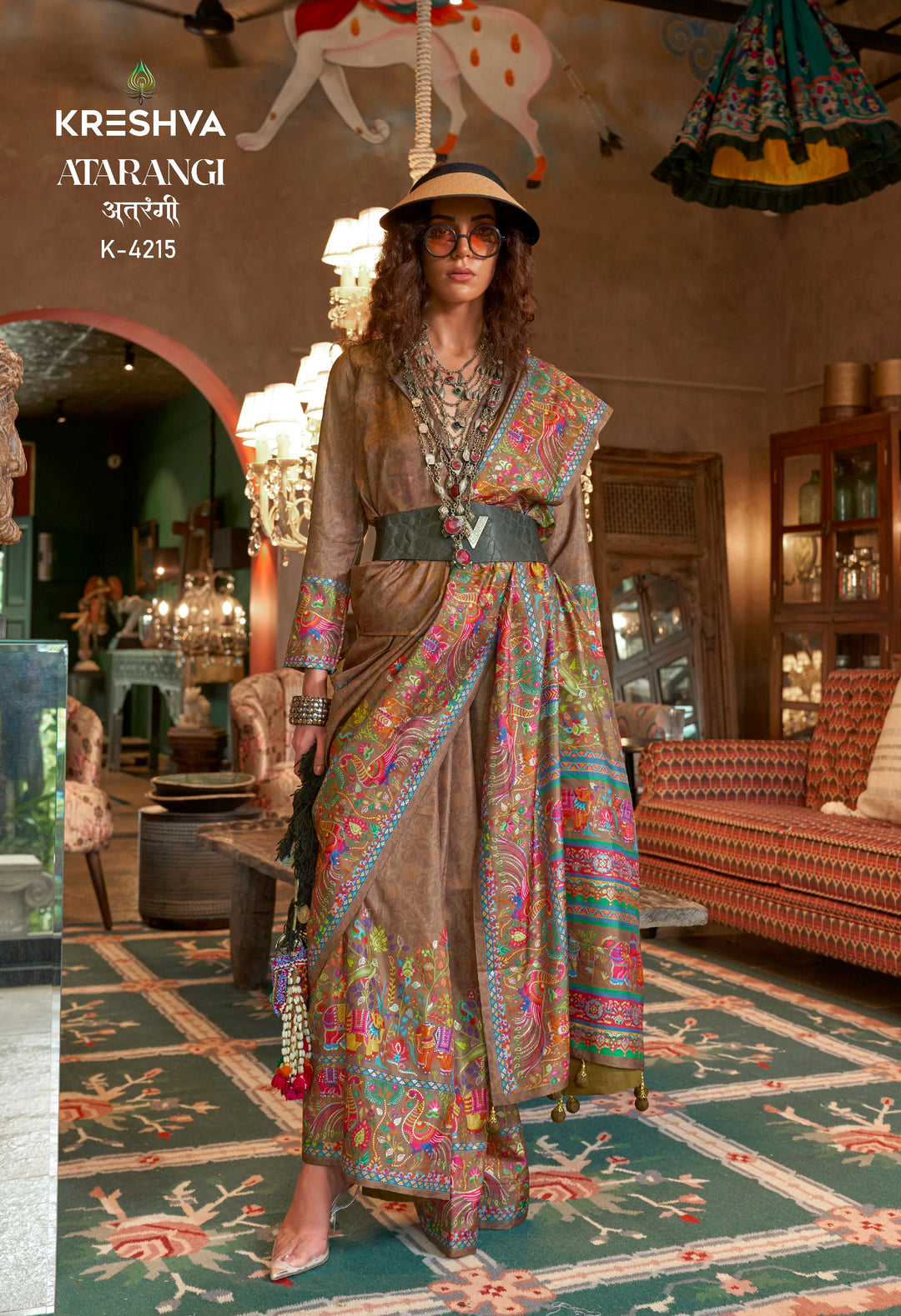 Mocha Brown Pashmina Prints Inspired Designer Saree with Folk Motifs