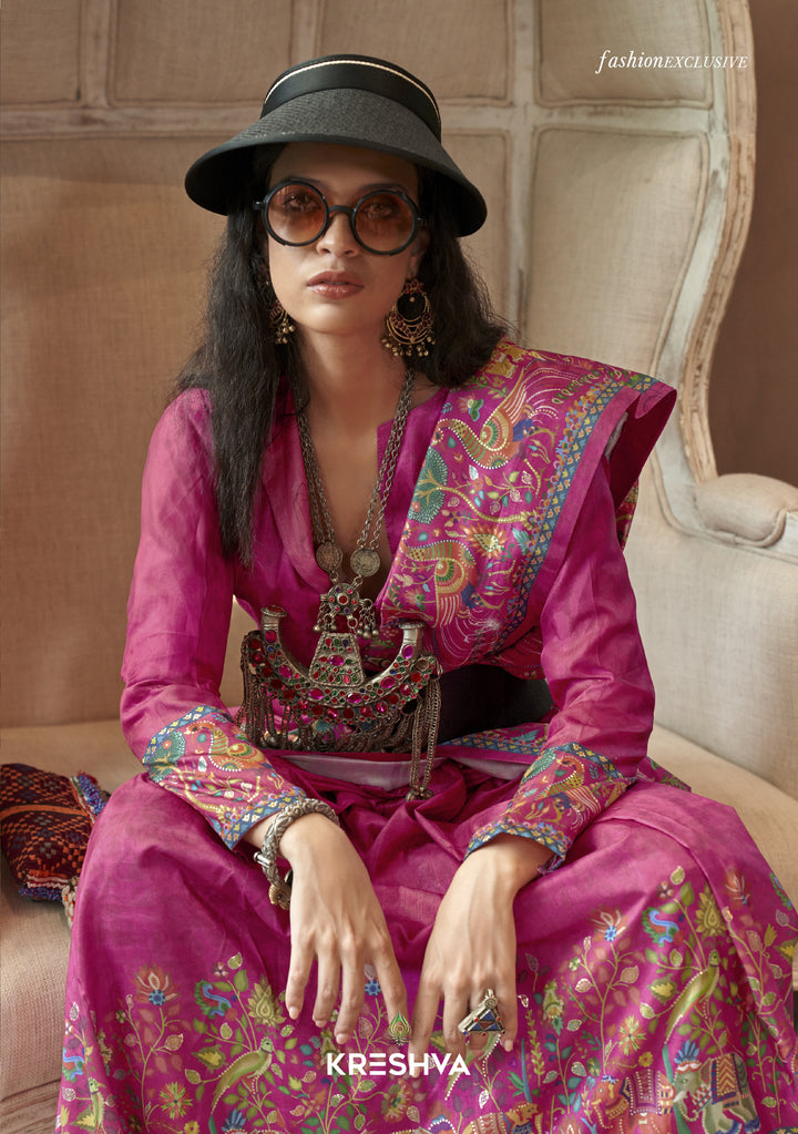 Rani Pink Pashmina Prints Inspired Designer Saree with Folk Motifs