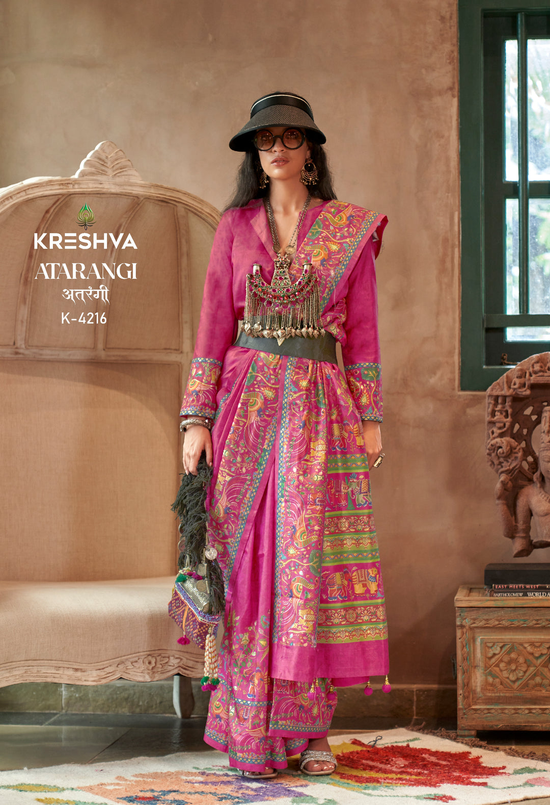 Rani Pink Pashmina Prints Inspired Designer Saree with Folk Motifs