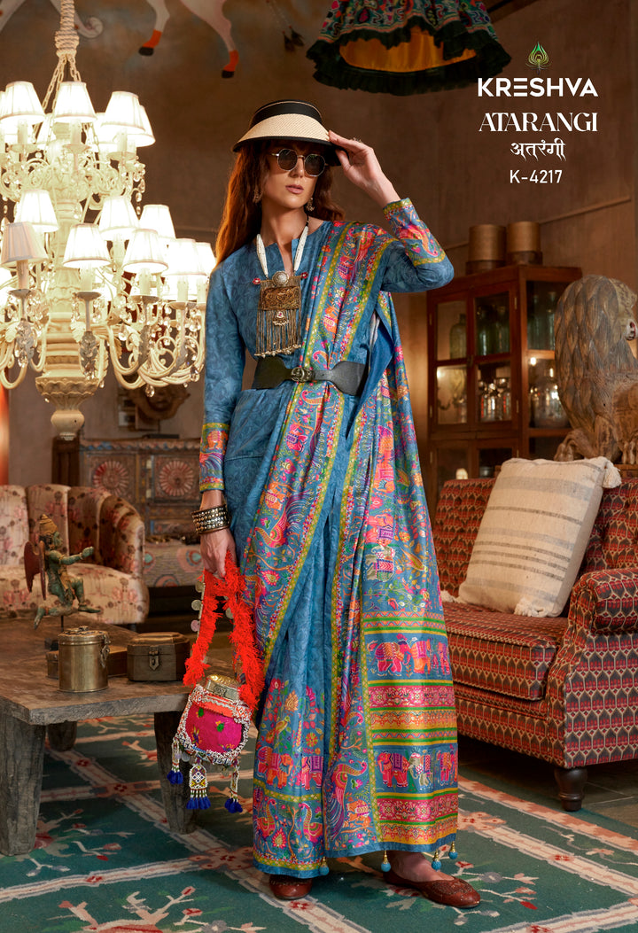 Teal Blue Pashmina Prints Inspired Designer Saree with Folk Motifs
