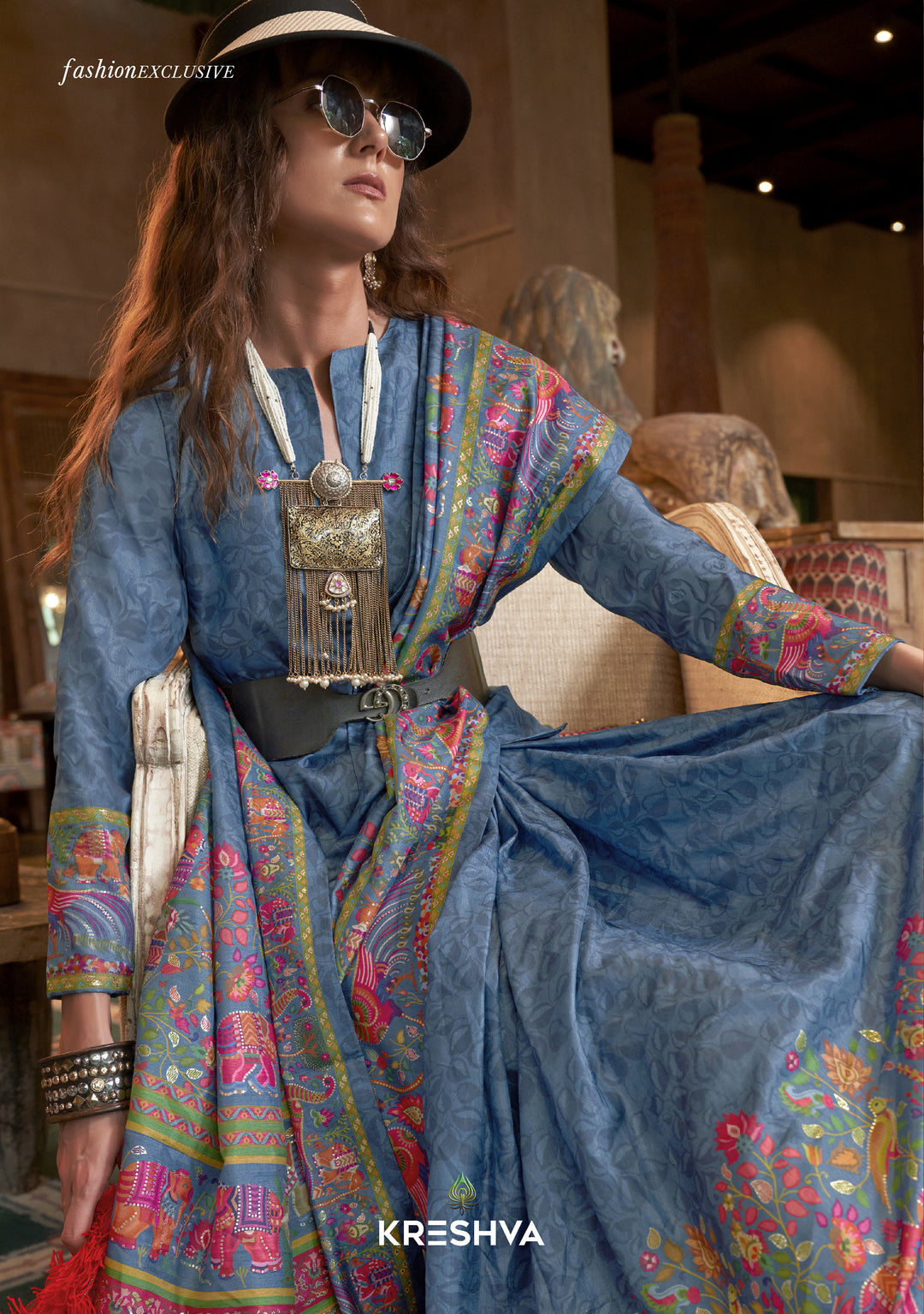 Teal Blue Pashmina Prints Inspired Designer Saree with Folk Motifs