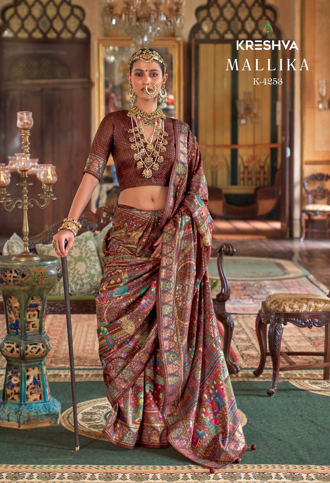 Royal Brown Heritage Pashmina Inspired Designer Saree with Heavy Traditional Border