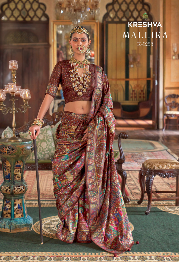 Royal Brown Heritage Pashmina Inspired Designer Saree with Heavy Traditional Border