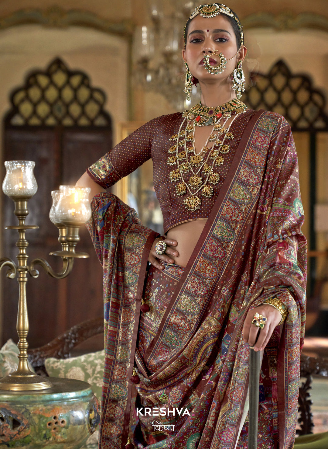 Royal Brown Heritage Pashmina Inspired Designer Saree with Heavy Traditional Border